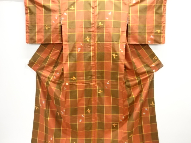 JAPANES KIMONO / UNUSED / SILK / YONEZAWA TSUMUGI / WOVEN GRID & BUTTERFLY